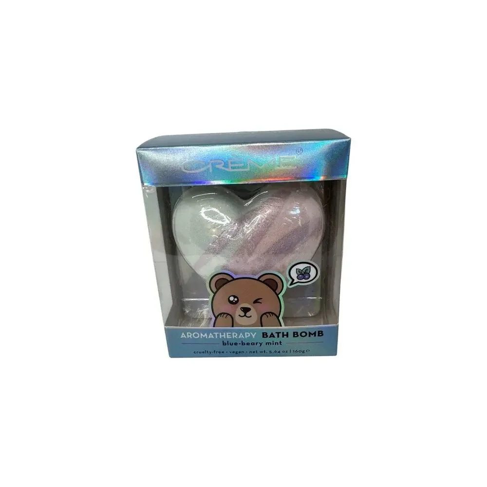 Crème Aromatherapy Bath Bomb Blue-beary Mint Heart Bear Pattern 5.64 oz